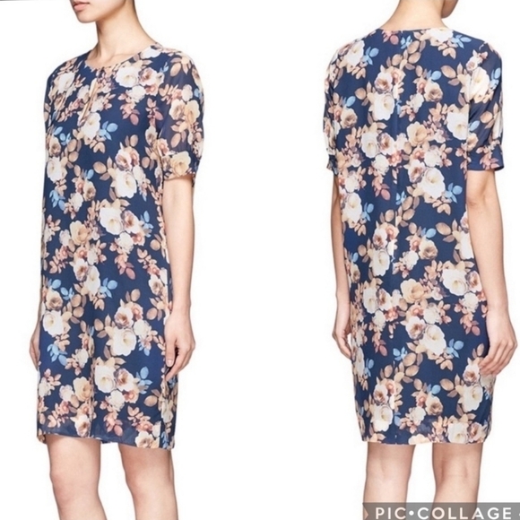 J. Crew Silk Blue Antique Floral Keyhole Neck Short Sheer Sleeved Shift S: 0 - Picture 2 of 10